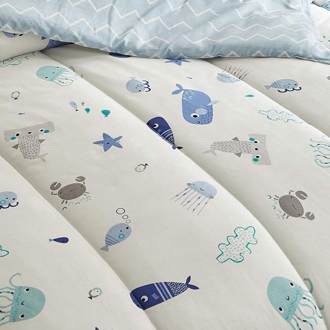 Joyreap 3pcs Premium Cotton Comforter Set for Kids Boys n Girls, Vibrant Ocean Theme Starfish Whale Crab Printed, Skin-friendly Breathable Bedding Comforter for All Season (Full/Queen, 88x88 inches) - LeafyLoom