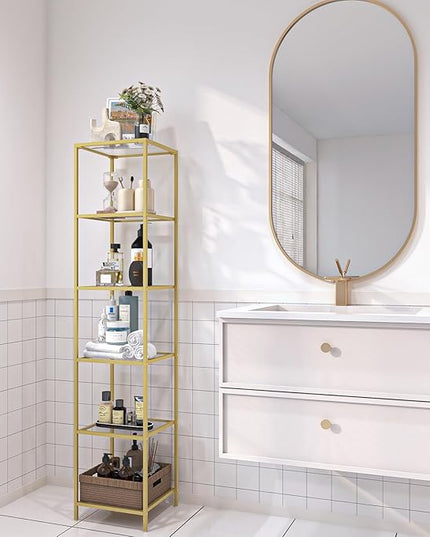 6-Tier Bookshelf,Metal Bookcase,Tempered Glass Shelves,Storage Rack Shelf for Home Office,Living Room,Bedroom, Bathroom,Modern Style,Golden - LeafyLoom