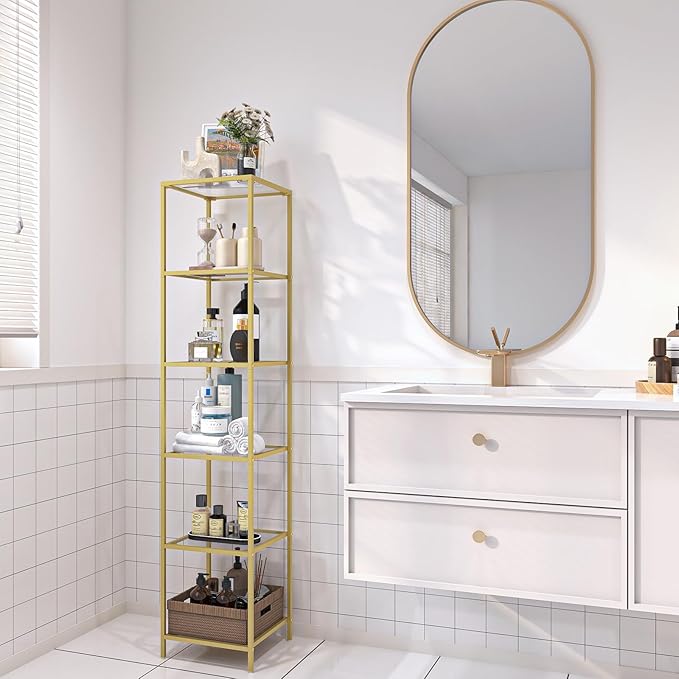 6-Tier Bookshelf,Metal Bookcase,Tempered Glass Shelves,Storage Rack Shelf for Home Office,Living Room,Bedroom, Bathroom,Modern Style,Golden - LeafyLoom