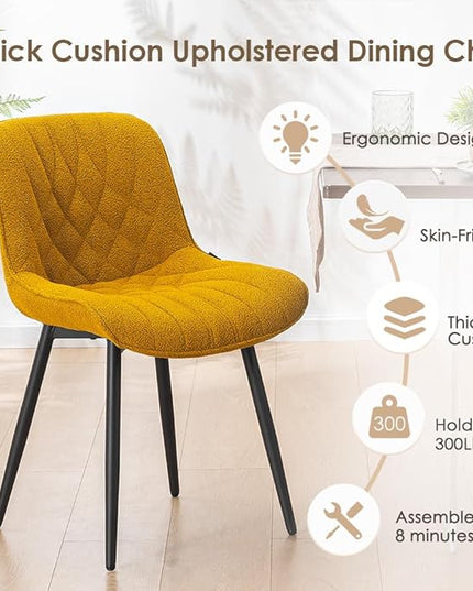 YOUNUOKE Comfortable Dining Chairs Set of 2, Mid-Century Modern Kitchen Dining Room Chairs, Upholstered Backrest Boucle Dining Chair with Black Metal, Yellow - LeafyLoom