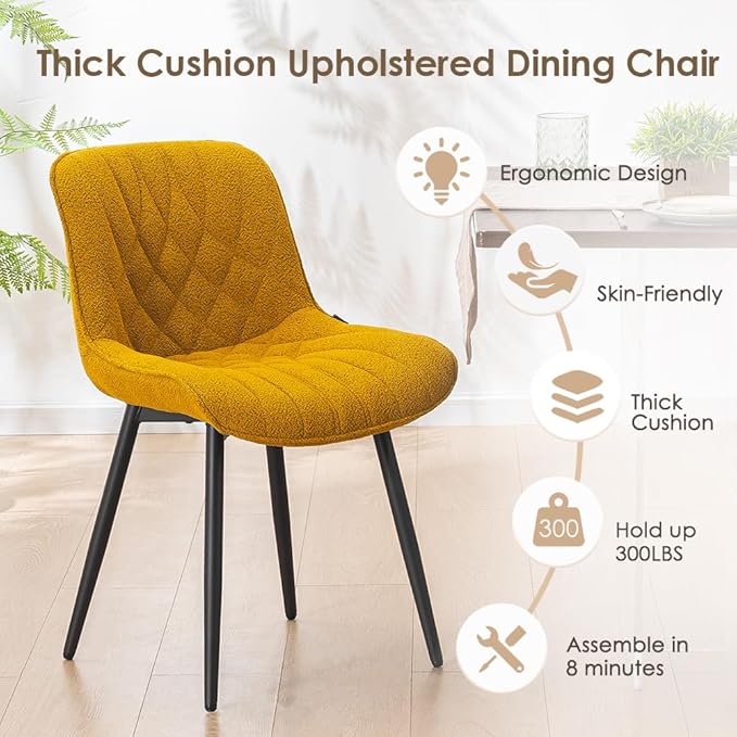 YOUNUOKE Comfortable Dining Chairs Set of 2, Mid-Century Modern Kitchen Dining Room Chairs, Upholstered Backrest Boucle Dining Chair with Black Metal, Yellow - LeafyLoom