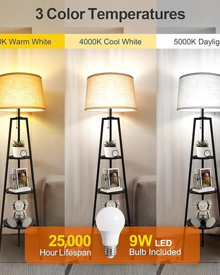 OUTON Tripod Floor Lamp with Shelves, Modern Shelf Floor Lamp with 3 Color Temperatures, Memory Function, Standing Tall Lamp with White Linen Texture Shade for Living Room, Bedroom, Office, Brown - LeafyLoom