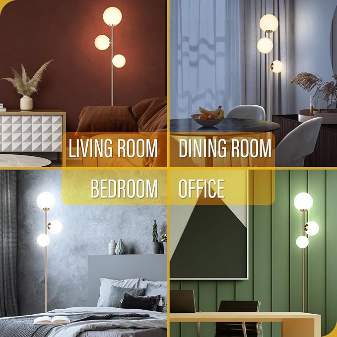 3 Globe Vintage Floor Lamp - 3 Color Options Moderm Floor Lamps for Living Room, Mid Century Standing lamp Home Decor for Bedrooms Office(Gold-Black, LED Bulbs Included) - LeafyLoom