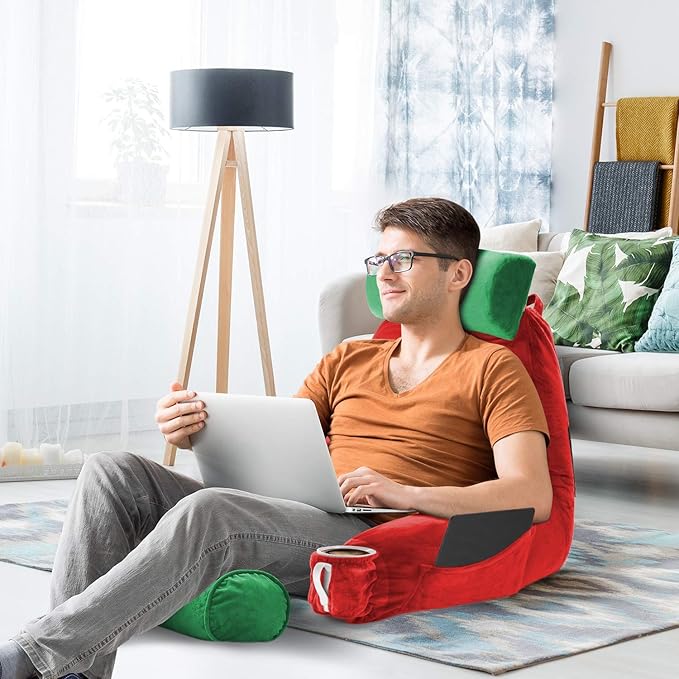 Clara Clark Reading Pillow, Large Back Pillow for Sitting Up in Bed, Memory Foam Back Support Pillow, Reading Pillows for Sitting in Bed Adult Holiday Color Sit Up Pillow for Bed with Arms and Pockets - LeafyLoom