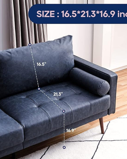 Vonanda Faux Leather Sofa Couch, Mid-Century 73 Inch 3 Seater Leather Couch with Wood Grain Metal Legs and Bolster Pillows for Living Room,Elegant Twilight Blue - LeafyLoom