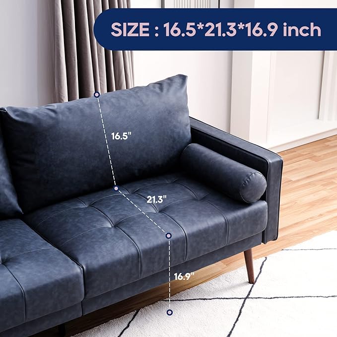 Vonanda Faux Leather Sofa Couch, Mid-Century 73 Inch 3 Seater Leather Couch with Wood Grain Metal Legs and Bolster Pillows for Living Room,Elegant Twilight Blue - LeafyLoom