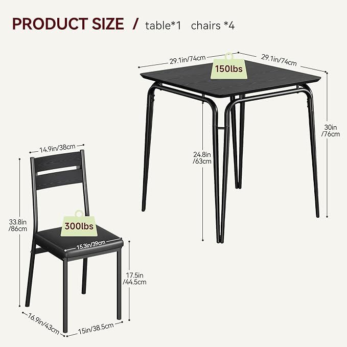 Dining Table for 2, Small Table and Chairs Set of 2, Square Dinette Set for 2, Dinner Table Set, 3 Piece Kitchen & Dining Room Sets for Small Space, Apartment (Black, Dining Table with 2 Chairs) - LeafyLoom