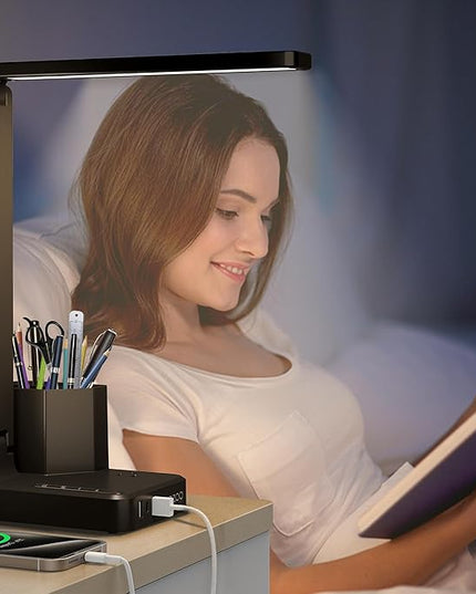 COZOO LED Desk Lamp with 3 USB Charging Ports,1 AC Outlet,2 Pen Holders,3 Color Temperatures 3 Brightness LevelsTouch/Memory/Timer Function,10W Eye Protection Foldable Reading Light,College Study Lamp - LeafyLoom
