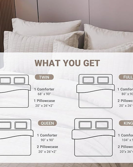 HYMOKEGE Seersucker Queen Comforter Set 3 Pieces, Lightweight Comforter Sets for Bedding, Bed Set with 1 All Season Soft Down Alternative Comforter and 2 Pillow Shams, Beige - LeafyLoom