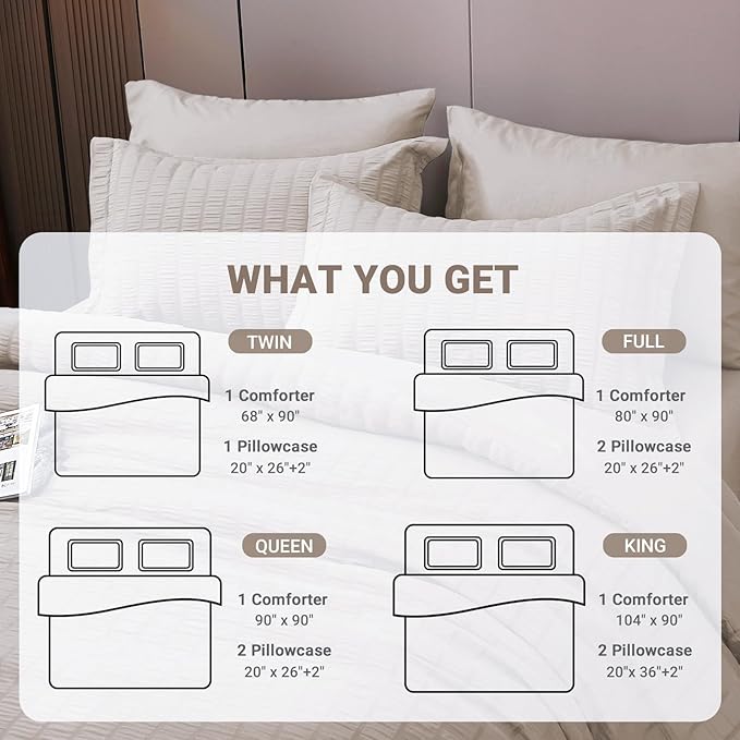 HYMOKEGE Seersucker Queen Comforter Set 3 Pieces, Lightweight Comforter Sets for Bedding, Bed Set with 1 All Season Soft Down Alternative Comforter and 2 Pillow Shams, Beige - LeafyLoom