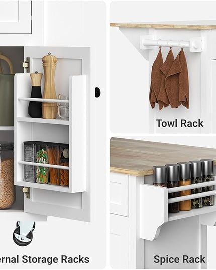 Rolling Kitchen Island with Drop Leaf Kitchen Island On Wheels with Storage Large 53in Wood Portable Kitchen Islands White with Drawers Cabinet Spice Towel Rack Storage for Kitchen - LeafyLoom