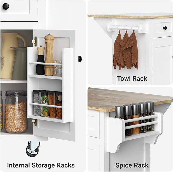 Rolling Kitchen Island with Drop Leaf Kitchen Island On Wheels with Storage Large 53in Wood Portable Kitchen Islands White with Drawers Cabinet Spice Towel Rack Storage for Kitchen - LeafyLoom