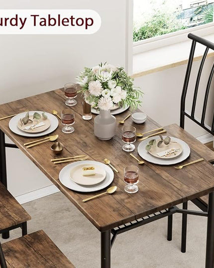 Dining Table Set for 4, Kitchen Table and Chairs for 4, Rectangular Dining Room Table Set with Wine Rack, 5 Piece Dining Table Set for Small Space, Apartment, Rustic Brown - LeafyLoom