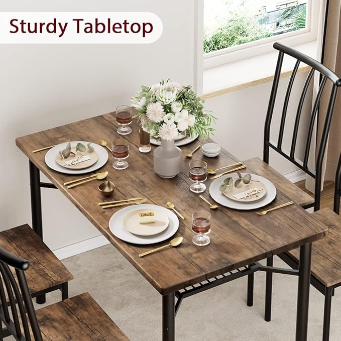 Dining Table Set for 4, Kitchen Table and Chairs for 4, Rectangular Dining Room Table Set with Wine Rack, 5 Piece Dining Table Set for Small Space, Apartment, Rustic Brown - LeafyLoom