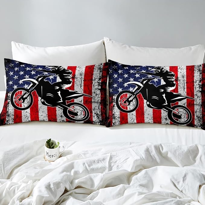 Dirt Bike Comforter Set Twin Motocross Comforter Retro American Flag Bedding Set for Kids Boys Teens Men Grunge Room Decor,Extreme Sports Tie Dye Bed Set Motor Biker Motorcycle Quilt Duvet Set 2 Pcs - LeafyLoom