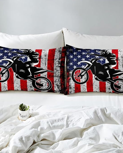 Dirt Bike Comforter Set Full Motocross Comforter Retro American Flag Bedding Set for Kids Boys Teens Men Grunge Room Decor,Extreme Sports Tie Dye Bed Set Motor Biker Motorcycle Quilt Duvet Set 3 Pcs - LeafyLoom