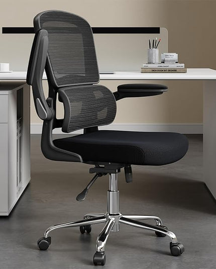 Ergonomic Office Chair, Breathable Mesh Chair with Adjustable Height, Computer Chair with a Double Lumbar Support and Flip-up Arms, Home Office Desk Chair with 90°-130° Tilt Function - LeafyLoom
