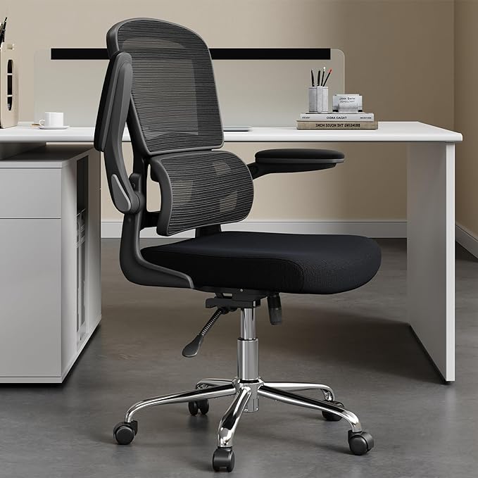 Ergonomic Office Chair, Breathable Mesh Chair with Adjustable Height, Computer Chair with a Double Lumbar Support and Flip-up Arms, Home Office Desk Chair with 90°-130° Tilt Function - LeafyLoom