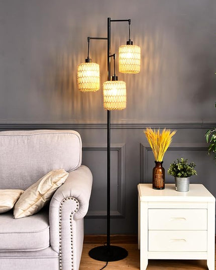 Floor Lamp for Living Room,Bedroom,3-Lights Boho Rattan Tree Floor Lights,Industrial Black Farmhouse Standing Lamp Wicker Rustic Tall Lamp,Woven Bamboo LampShade Floor Lamps Bohemian - LeafyLoom