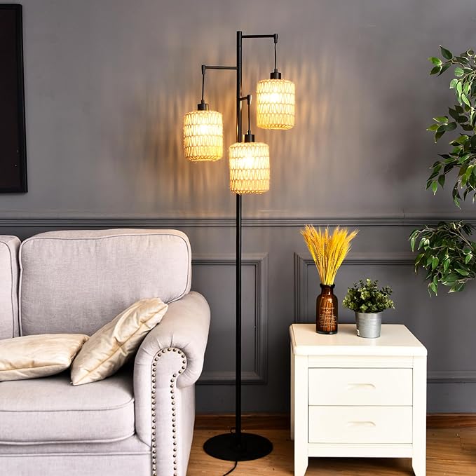Floor Lamp for Living Room,Bedroom,3-Lights Boho Rattan Tree Floor Lights,Industrial Black Farmhouse Standing Lamp Wicker Rustic Tall Lamp,Woven Bamboo LampShade Floor Lamps Bohemian - LeafyLoom