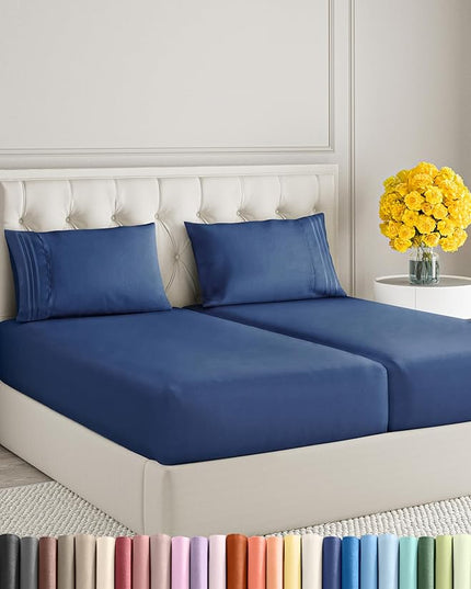 Split King Size 5 Piece Sheet Set - Comfy Breathable & Cooling Sheets - Hotel Luxury Bed Sheets for Women & Men - Deep Pockets, Easy-Fit, Soft & Wrinkle Free Sheets - Navy Blue Oeko-Tex Bed Sheet Set - LeafyLoom