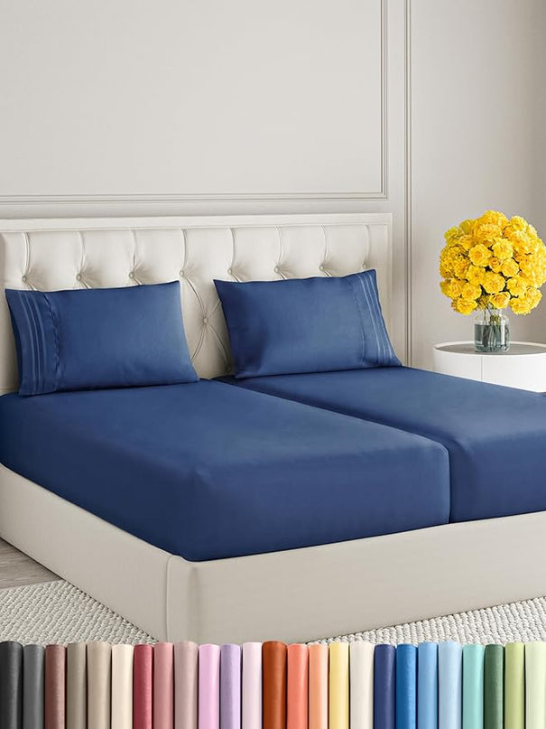 Split King Size 5 Piece Sheet Set - Comfy Breathable & Cooling Sheets - Hotel Luxury Bed Sheets for Women & Men - Deep Pockets, Easy-Fit, Soft & Wrinkle Free Sheets - Navy Blue Oeko-Tex Bed Sheet Set - LeafyLoom