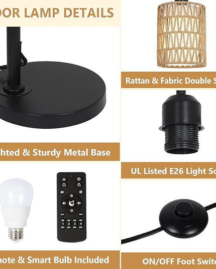 Floor Lamp with Remote, Dimmable Rattan Floor Lamp with LED Bulb, Industrial Black Tall Pole Lamp with Rattan & Fabric Shades, Boho Farmhouse Standing Lamps for Living Room Bedroom Office - LeafyLoom