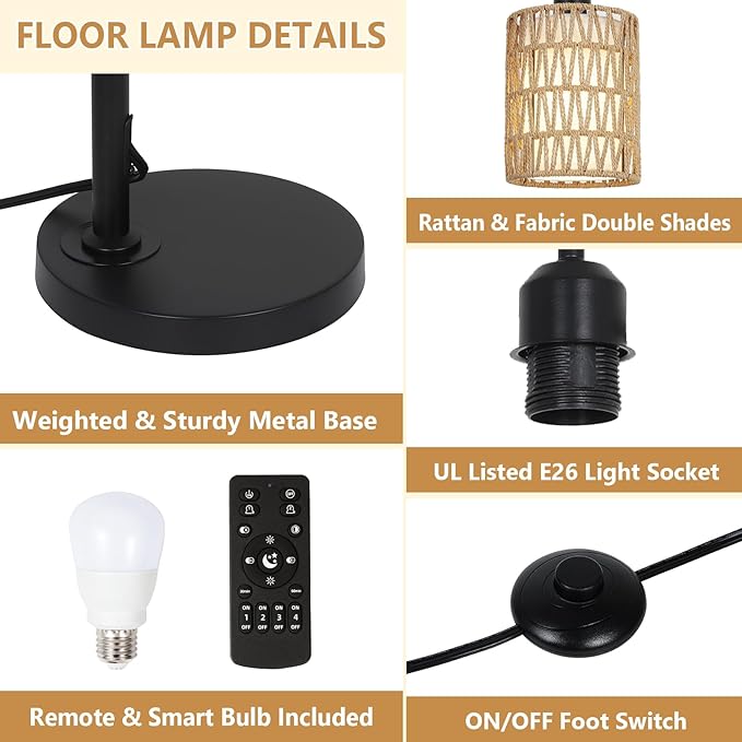 Floor Lamp with Remote, Dimmable Rattan Floor Lamp with LED Bulb, Industrial Black Tall Pole Lamp with Rattan & Fabric Shades, Boho Farmhouse Standing Lamps for Living Room Bedroom Office - LeafyLoom