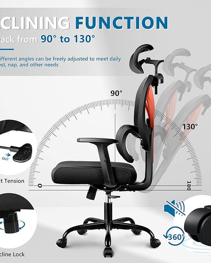 Office Chair Ergonomic Desk Chair Comfy Computer Chair, Big and Tall Home Office Chair with Back Support, Mesh Office Chair High Back Gaming Chair with Adjustable Armrest (Orange) - LeafyLoom