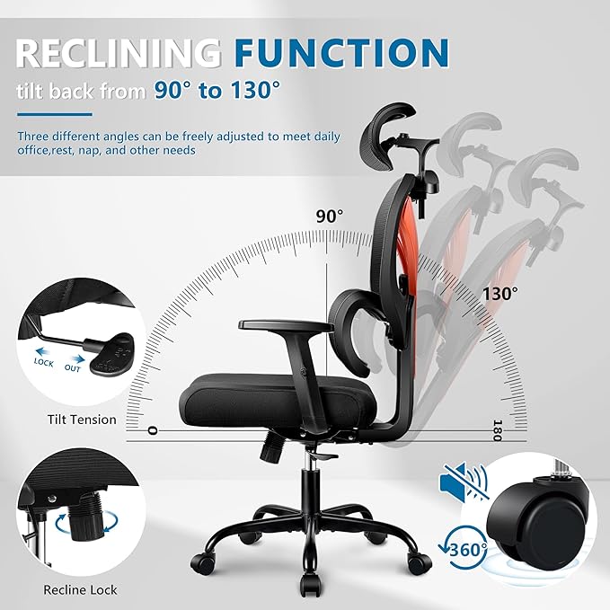 Office Chair Ergonomic Desk Chair Comfy Computer Chair, Big and Tall Home Office Chair with Back Support, Mesh Office Chair High Back Gaming Chair with Adjustable Armrest (Orange) - LeafyLoom