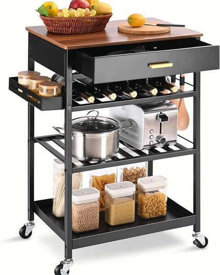 TOOLF Kitchen Island Cart with Drawer, Rolling Kitchen Service Cart with Wooden Tabletop, 3-Tier Storage Cart on Wheels, Storage Trolley Cart with Hooks for Kitchen, Dining Room - LeafyLoom