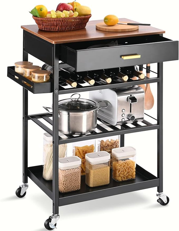 TOOLF Kitchen Island Cart with Drawer, Rolling Kitchen Service Cart with Wooden Tabletop, 3-Tier Storage Cart on Wheels, Storage Trolley Cart with Hooks for Kitchen, Dining Room - LeafyLoom