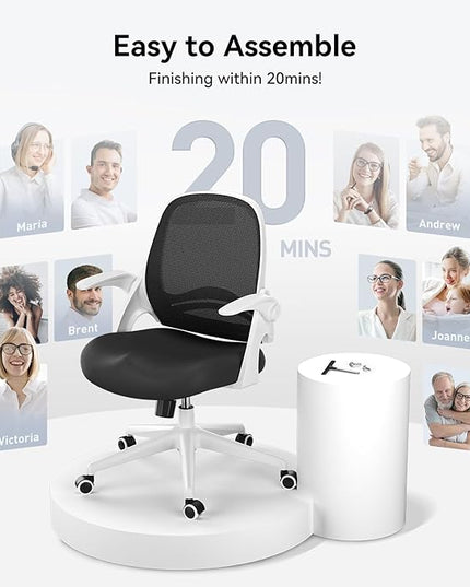 Hbada Office Chair with Flip-Up Armrests, Desk Chair with Saddle Cushion, Ergonomic Office Chair with S-Shaped Backrest, Comfy Mesh Chair for Home and Office, White - LeafyLoom