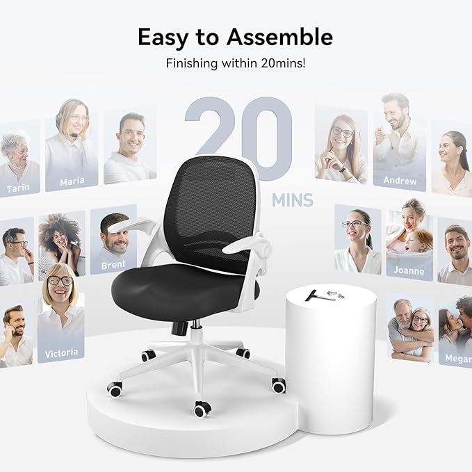 Hbada Office Chair with Flip-Up Armrests, Desk Chair with Saddle Cushion, Ergonomic Office Chair with S-Shaped Backrest, Comfy Mesh Chair for Home and Office, White - LeafyLoom