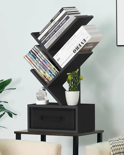 Small Book Shelf with Drawer,4 Tier Black Tree Bookshelf,Wooden Desktop Bookcase,Modern Desk Display Storage Bookshelves,Floor Standing Organizer Bookcases for Living Room,Bedroom,Office - LeafyLoom