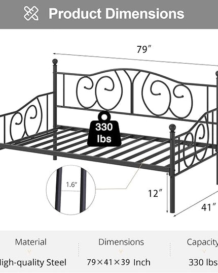 VECELO Twin Daybed Frame, Metal Day Bed with Classic Headboard, Multifunctional Platform Beds for Bedroom, Living Room, Guest Room, No Boxing Spring Needed, Black - LeafyLoom