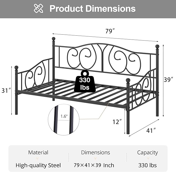 VECELO Twin Daybed Frame, Metal Day Bed with Classic Headboard, Multifunctional Platform Beds for Bedroom, Living Room, Guest Room, No Boxing Spring Needed, Black - LeafyLoom