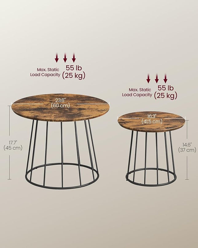 VASAGLE Round Coffee Tables, Set of 2, Modern Circle Side Tables with Steel Frame, for Living Room, Bedroom, Rustic Brown ULCT045K01 - LeafyLoom