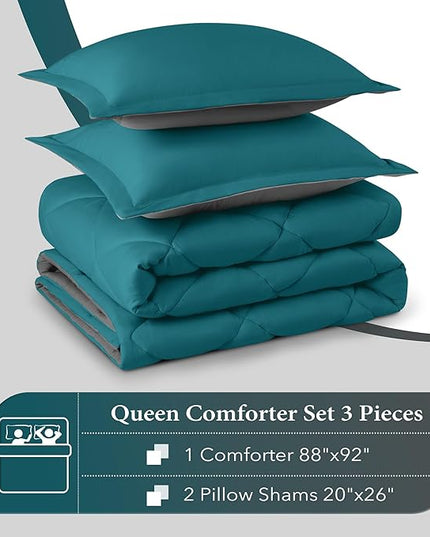 downluxe Queen Comforter Set - Ocean and Grey Queen Comforter, Soft Bedding Sets for All Seasons -3 Pieces - 1 Comforter (88"x92") and 2 Pillow Shams(20"x26") - LeafyLoom