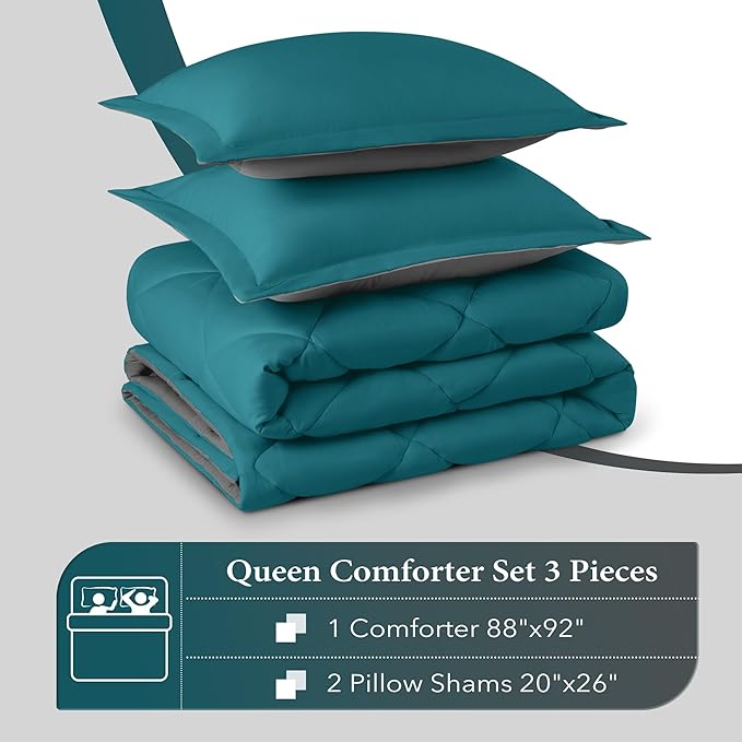 downluxe Queen Comforter Set - Ocean and Grey Queen Comforter, Soft Bedding Sets for All Seasons -3 Pieces - 1 Comforter (88"x92") and 2 Pillow Shams(20"x26") - LeafyLoom