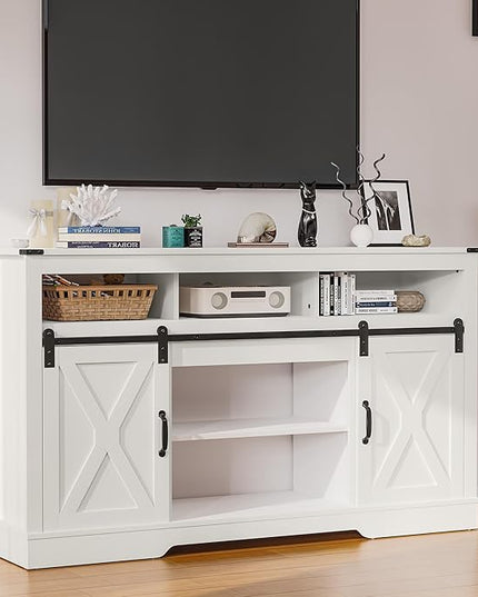 Farmhouse TV Stand for 23" Fireplace, 34'' Tall Entertainment Center for 65+ Inch TV, Rustic TV Console with Sliding Bar Door for Living Room (White) - LeafyLoom