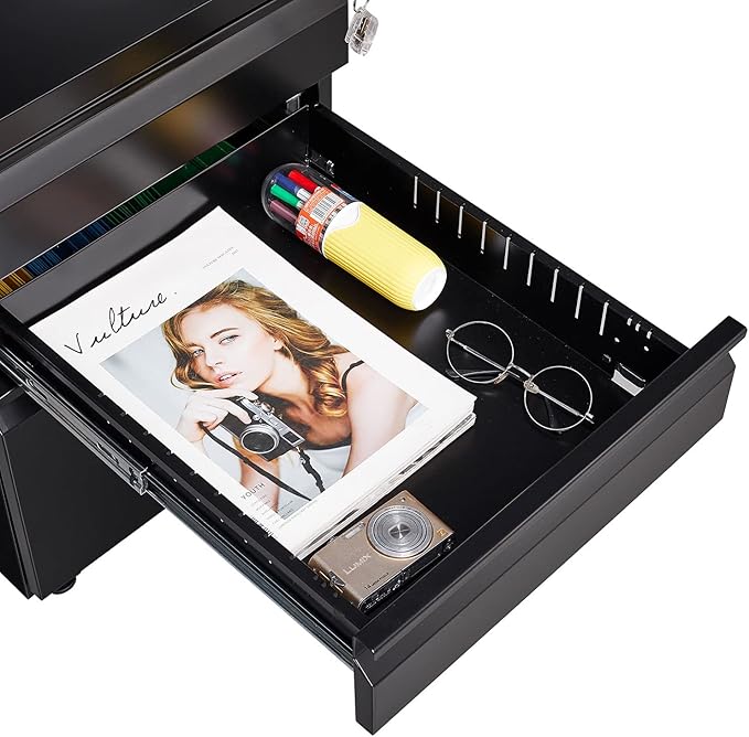 3-Drawer Mobile Lock and 5 Casters,Pre-Assembled Metal Office Storage Filing Cabinets w/ 1 Removable Hanging Rods,for Legal/Letter Size,Black - LeafyLoom