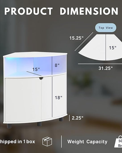 Berg Modern 31-inch 16 Colors LED Corner Cabinet with Doors and 2 Shelves, USB Charge Cord, Small TV Stand for Living Room, Home Office, White Pure - LeafyLoom