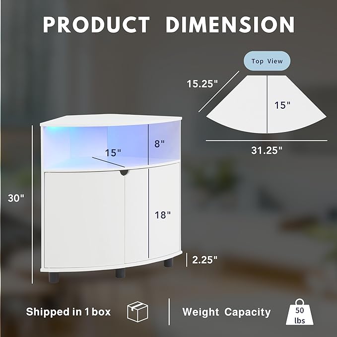 Berg Modern 31-inch 16 Colors LED Corner Cabinet with Doors and 2 Shelves, USB Charge Cord, Small TV Stand for Living Room, Home Office, White Pure - LeafyLoom