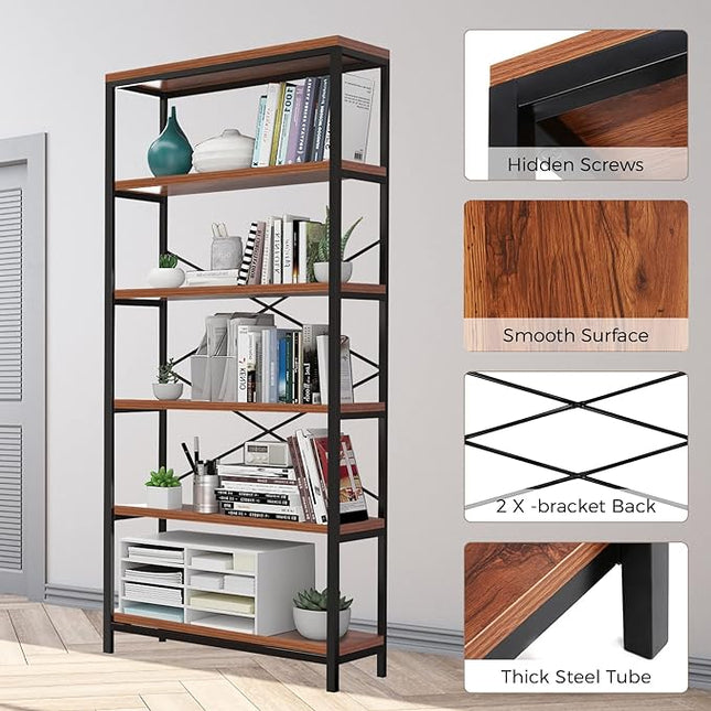 Himimi 6 Tier Industrial Bookshelf, Vintage Standing Storage Shelf, Display Shelving Units, Tall Bookcase, Industrial Metal Book Shelves for Living Room Bedroom and Home Office - LeafyLoom