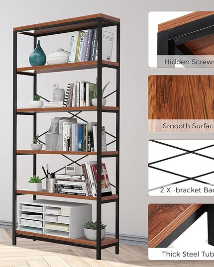 Himimi 6-Tier Bookshelf,Tall Bookcase Industrial Wood Storage Rack with Open Book Shelves,Modern Metal Standing Organizer,Vintage Deep Display Rack for Living Room, Office, Bedroom, Rustic Brown - LeafyLoom