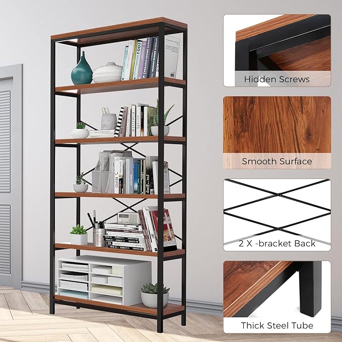 Himimi 6-Tier Bookshelf,Tall Bookcase Industrial Wood Storage Rack with Open Book Shelves,Modern Metal Standing Organizer,Vintage Deep Display Rack for Living Room, Office, Bedroom, Rustic Brown - LeafyLoom