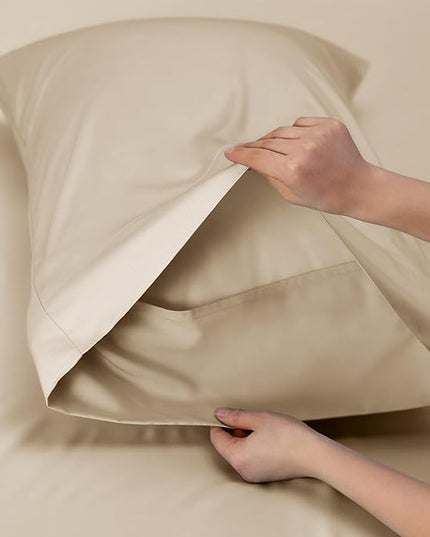Bedsure Twin XL Sheet Set Dorm Bedding, Cooling Sheets Twin Extra Long Sheets, Rayon Derived from Bamboo, Deep Pocket Up to 16", Hotel Luxury Silky Bedding Sheets & Pillowcases, Beige - LeafyLoom