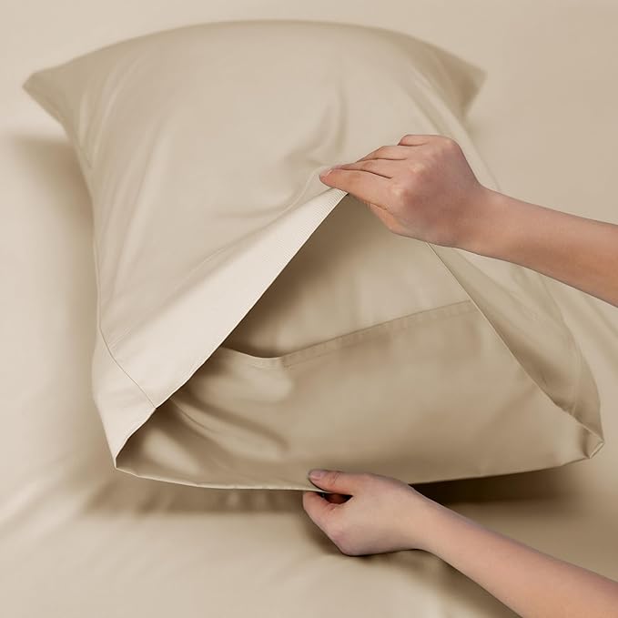 Bedsure Twin XL Sheet Set Dorm Bedding, Cooling Sheets Twin Extra Long Sheets, Rayon Derived from Bamboo, Deep Pocket Up to 16", Hotel Luxury Silky Bedding Sheets & Pillowcases, Beige - LeafyLoom