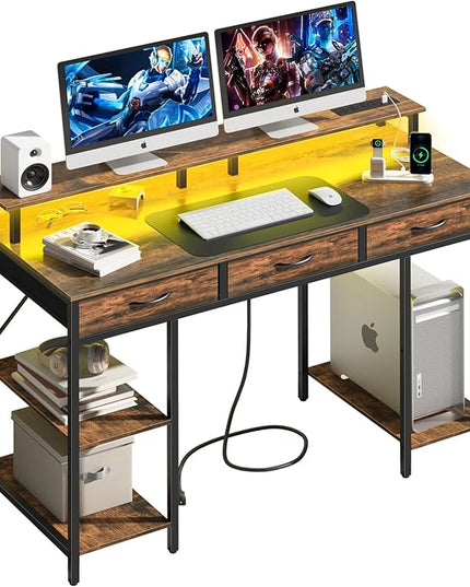 Yoobure Computer Desk with Drawers, Office Desk with LED Lights & Outlets, Small Desk with Storage Shelves, Gaming Desk 48" Home Office Desks with Monitor Stand, Writing Desk for Bedroom Small Spaces - LeafyLoom